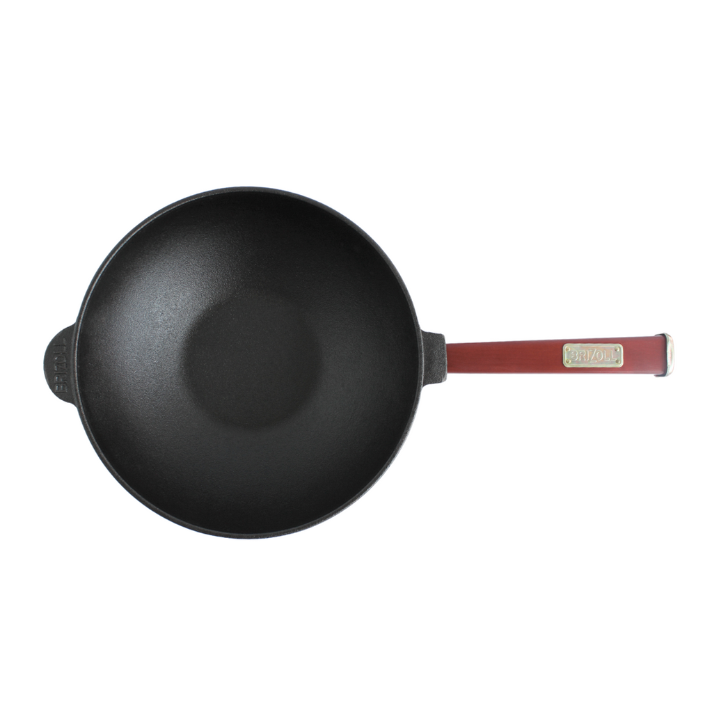 Cast iron WOK pan 2,2 l with wooden Bordeaux handle and aluminum lid