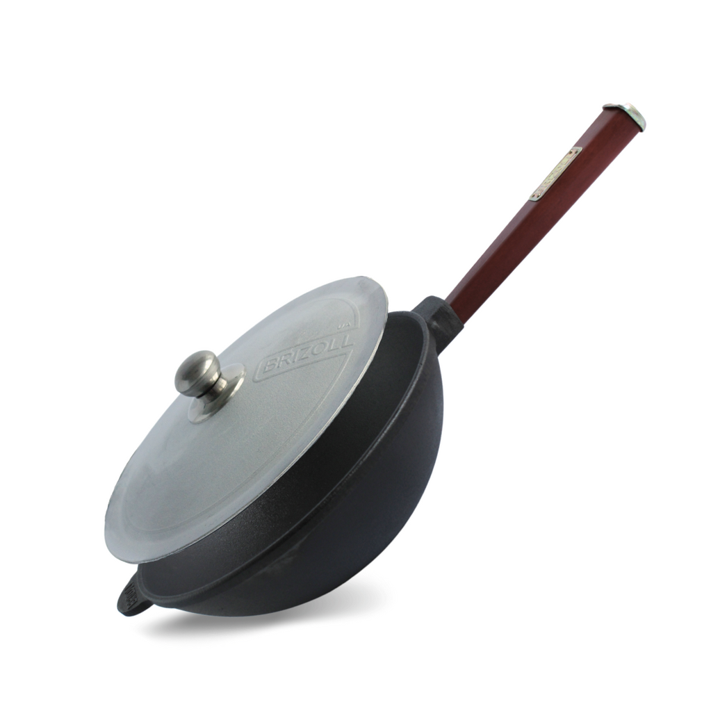 Cast iron WOK pan 2,2 l with wooden Bordeaux handle and aluminum lid
